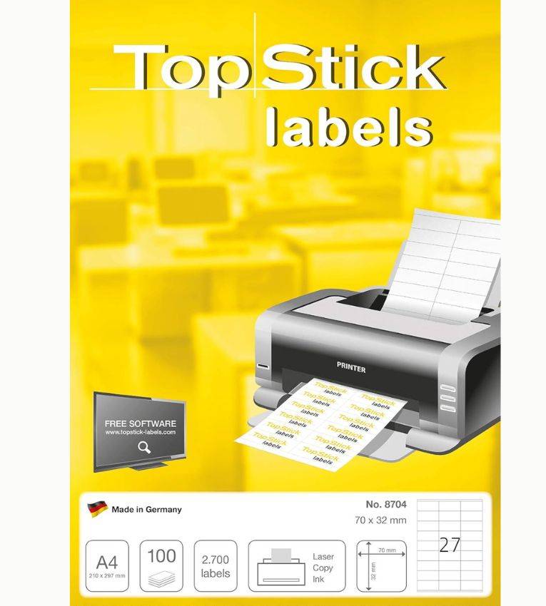 TOP STICK Etiquette universelle, 70x32 mm, blanc, 4 par feuille, A4, 2700